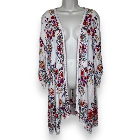 Bila Floral Open Front Cardigan Kimono Cream Boho Crinkle Rayon Women Size M/L - Picture 1 of 12